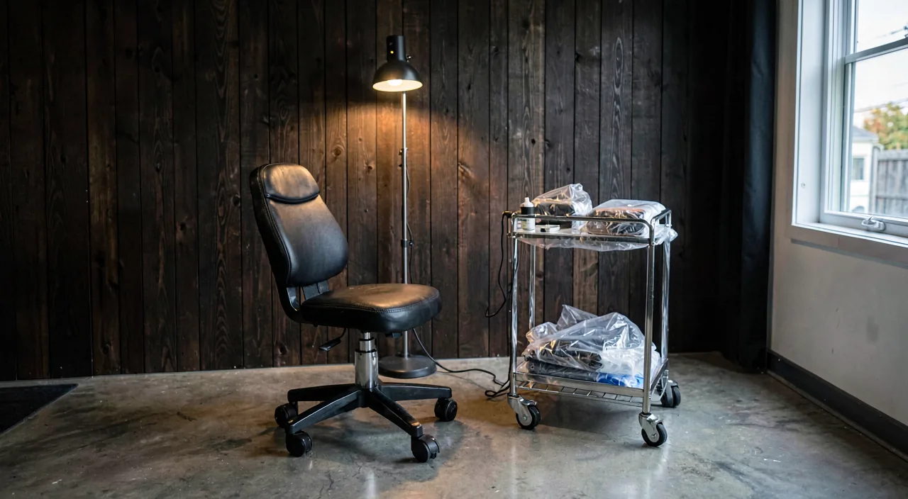 An empty tattoo station, chair, trolley and sealed supplies
