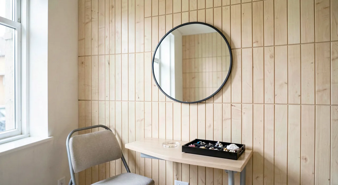 An empty piercing consultation nook, mirror and jewellery tray